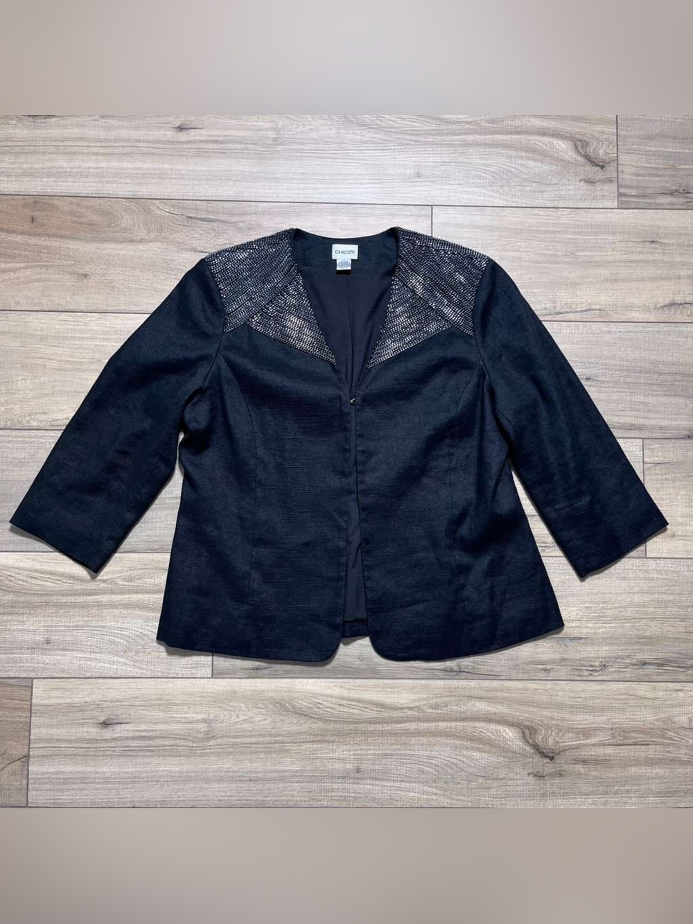 Chicos Womens Linen Blend Open Front Chain Shoulder Blazer Size 2 Black